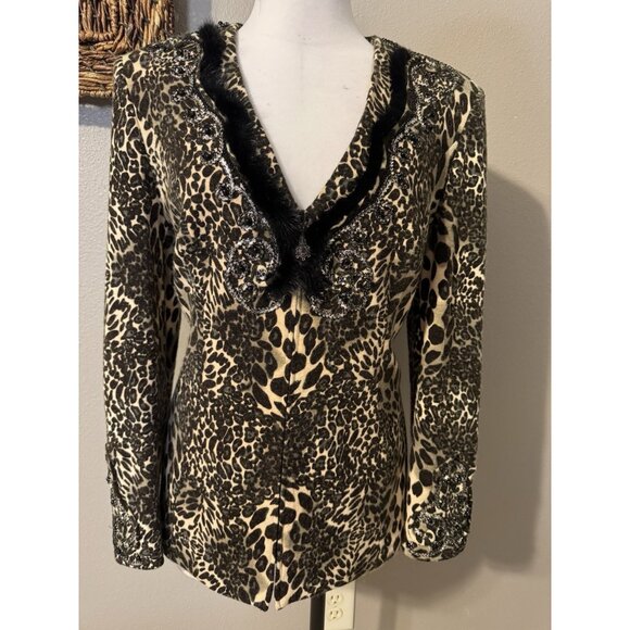 Donna Vinci Suit Jacket Cardigan 12 Fur Sequins Animal Print Angora Fur Trim - Picture 1 of 14